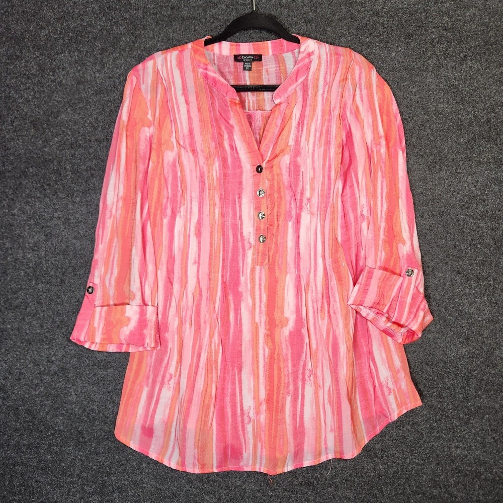 Cocomo Womens 2X Pink Abstract Watercolor Stripe Popover Pleated Top Resortwear